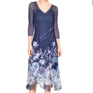 Komarov Chiffon & Lace Dress Midnight Formal Crinkle Floral Midi XL Blue
